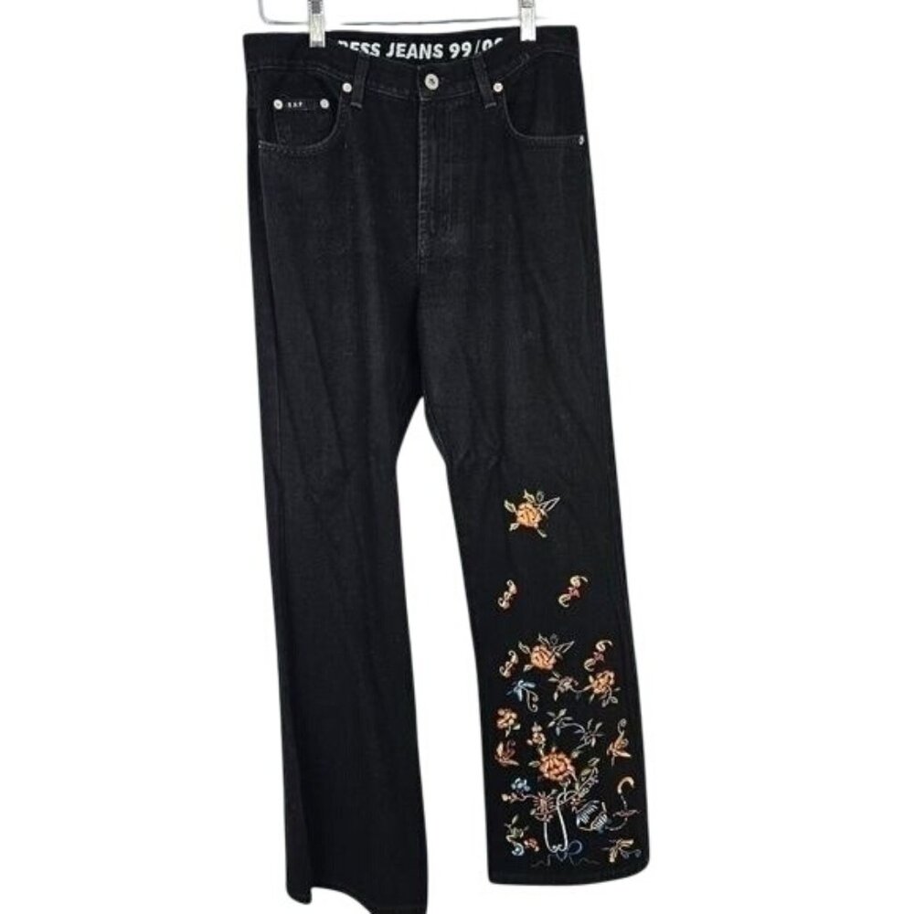 Vintage 90s Y2K Express Denim Bootcut Jeans 9/10 Black Floral Embroidered Boho